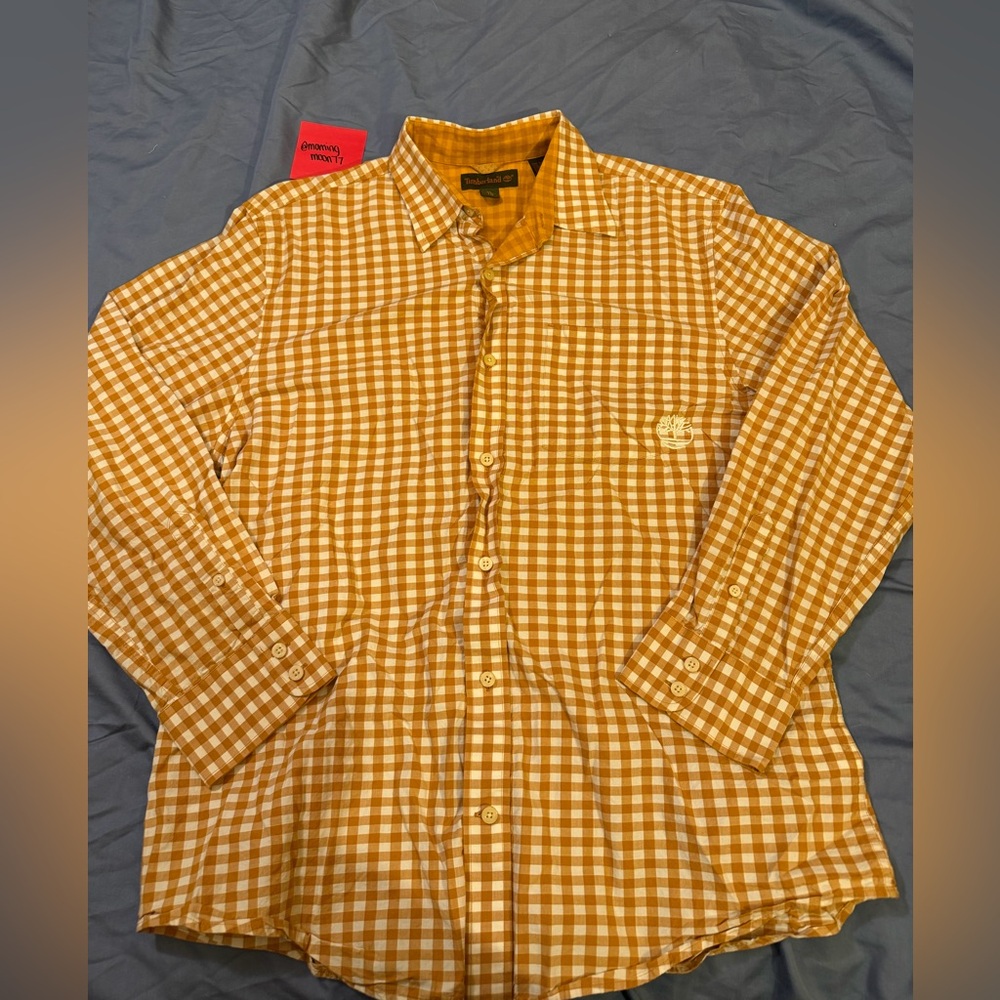 Timberland Men's Orange and White Gingham Button-Down Shirt